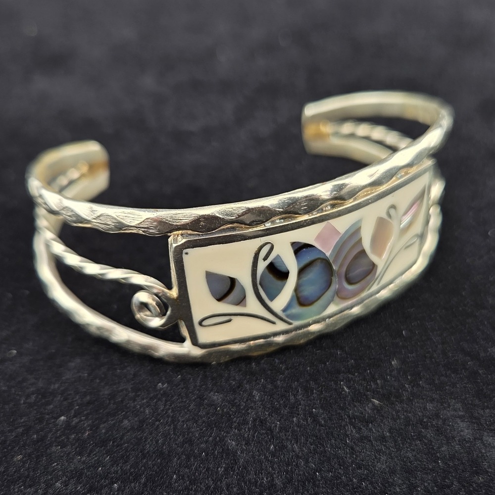 Small 4.5" Mexico Shell Abalone Inlay Cuff Bracelet Metal